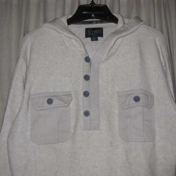 Men's thick HOODED knit sweater, POCKETS, Large, Ivory, Gray Heathered - Picture 3 of 3